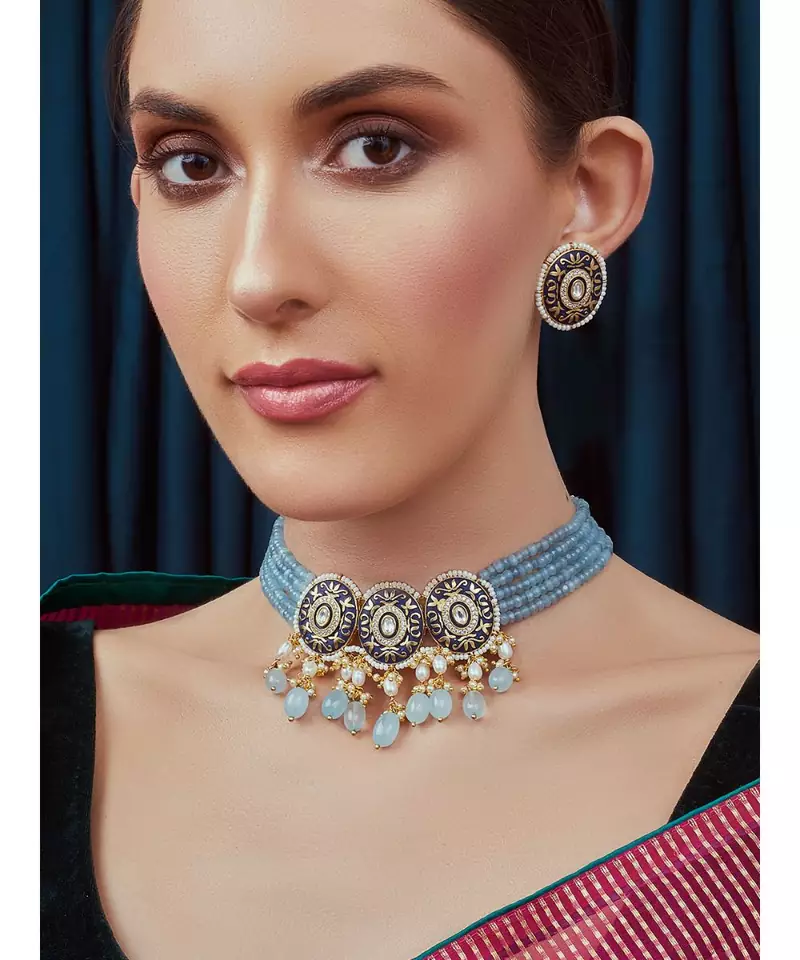 Orange White Blue Meenakari Pearl Necklace Set
