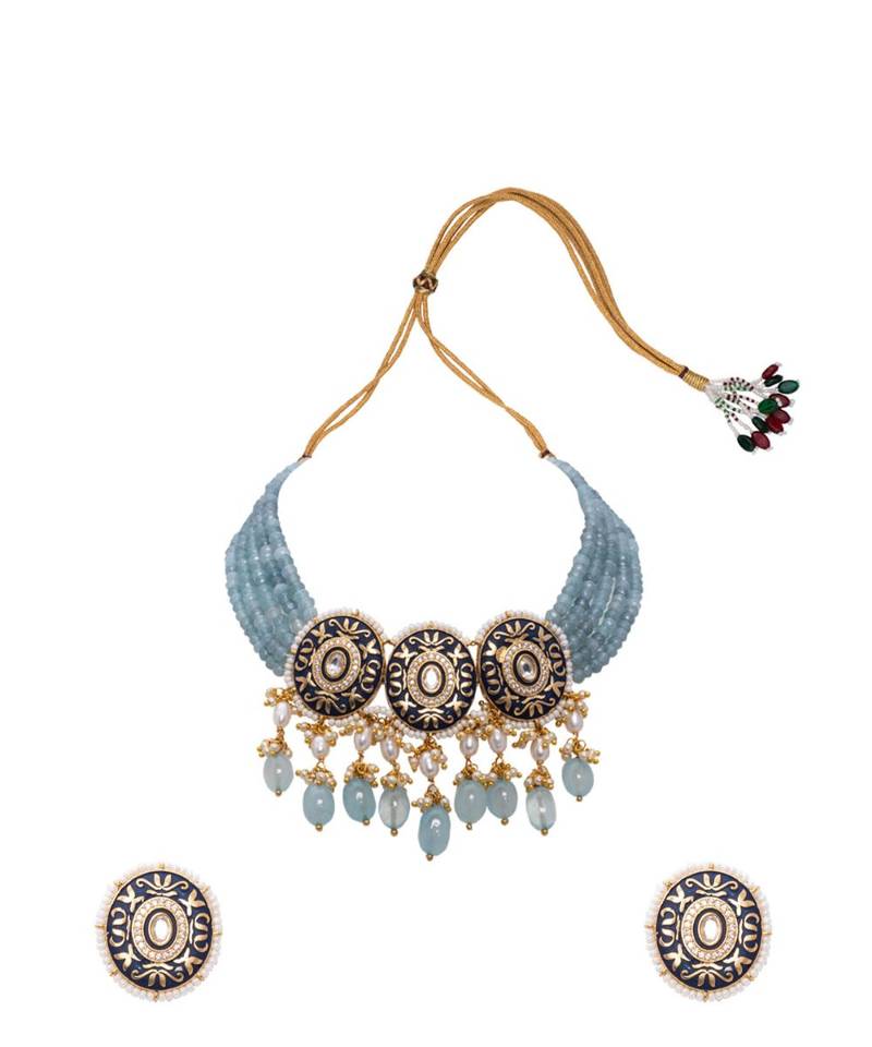 Orange White Blue Meenakari Pearl Necklace Set