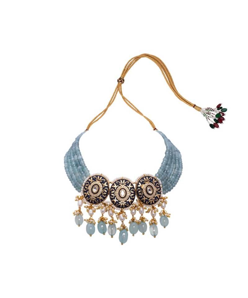 Orange White Blue Meenakari Pearl Necklace Set