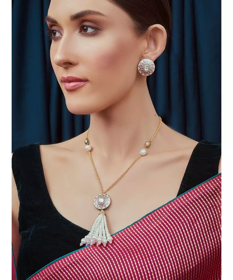 White Pink Gold Tone Kundan Necklace Set