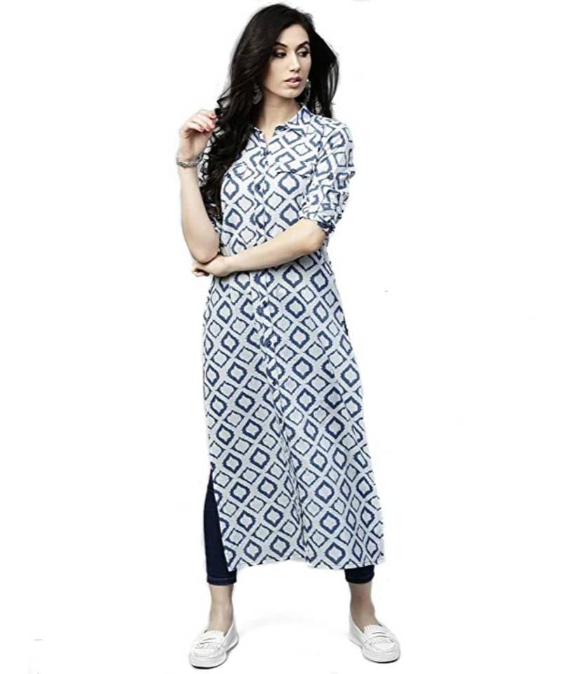 White Cotton Raglan Sleeves Printed Womens kurti Wedani 3429808