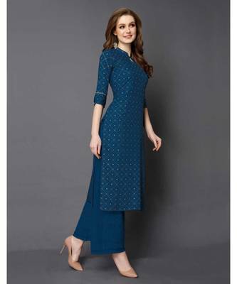 Blue Rayon 3/4 Sleeves Checked Womens kurti 1
