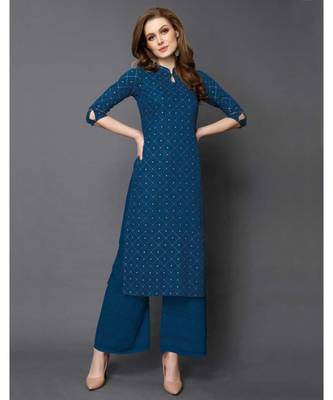 Blue Rayon 3/4 Sleeves Checked Womens kurti 3