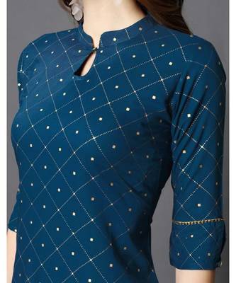 Blue Rayon 3/4 Sleeves Checked Womens kurti 4