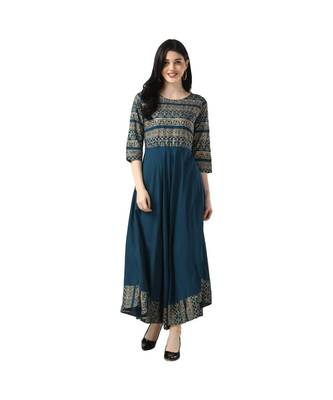 Blue Rayon 3/4 Sleeves Printed Womens kurti 1