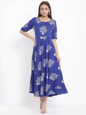 DAAVI Womens Rayon Floral Print Flared Long Gown (Blue) 1