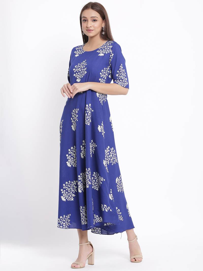 DAAVI Womens Rayon Floral Print Flared Long Gown (Blue)