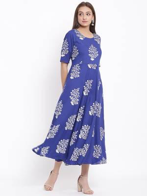 DAAVI Womens Rayon Floral Print Flared Long Gown (Blue) 3