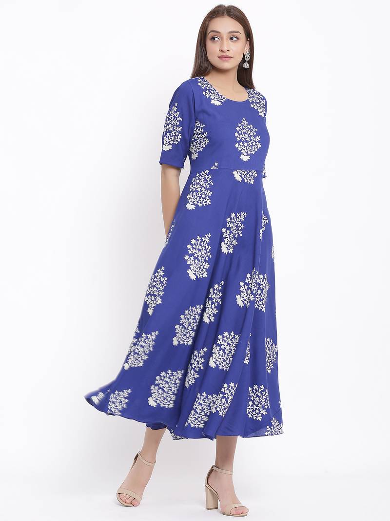 DAAVI Womens Rayon Floral Print Flared Long Gown (Blue)