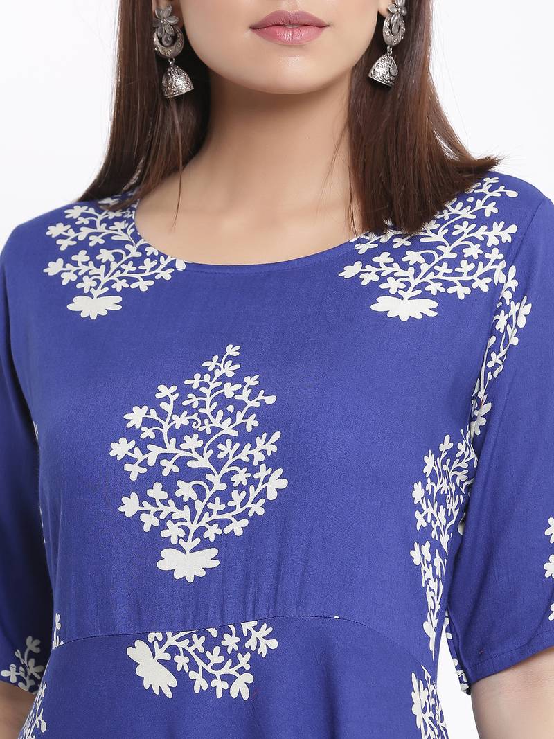 DAAVI Womens Rayon Floral Print Flared Long Gown (Blue)