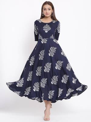 DAAVI Womens Rayon Floral Print Flared Long Gown (Navy Blue) 1