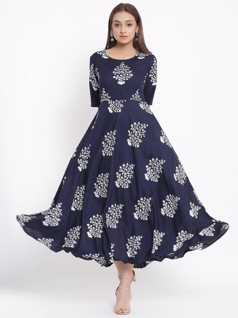 DAAVI Womens Rayon Floral Print Flared Long Gown (Navy Blue)
