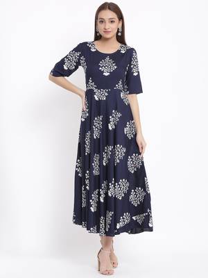 DAAVI Womens Rayon Floral Print Flared Long Gown (Navy Blue) 2