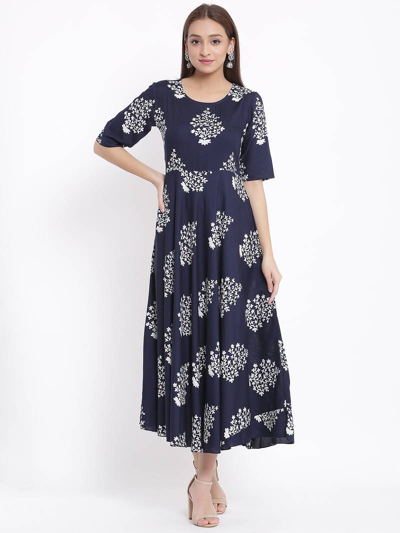 DAAVI Womens Rayon Floral Print Flared Long Gown (Navy Blue)