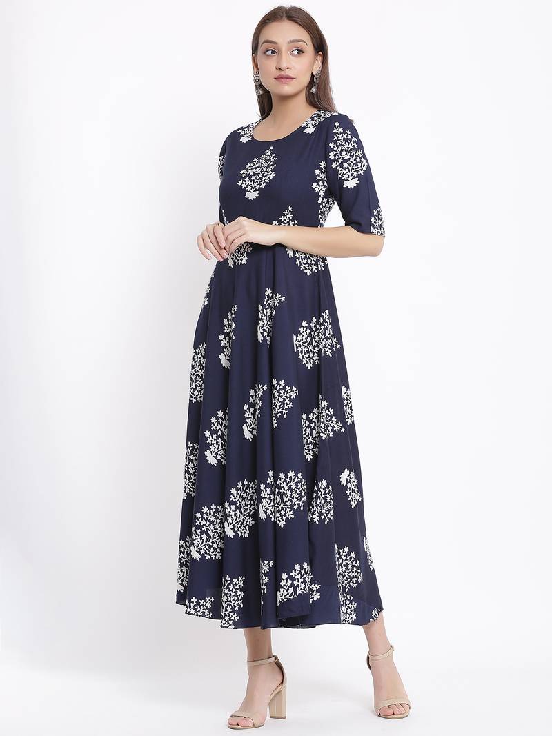 DAAVI Womens Rayon Floral Print Flared Long Gown (Navy Blue)