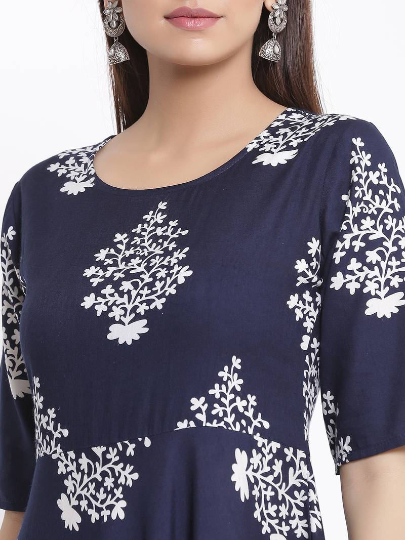 DAAVI Womens Rayon Floral Print Flared Long Gown (Navy Blue)