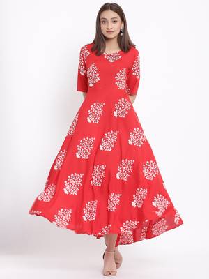 DAAVI Womens Rayon Floral Print Flared Long Gown (Red) 1