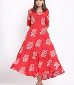 DAAVI Womens Rayon Floral Print Flared Long Gown (Red)