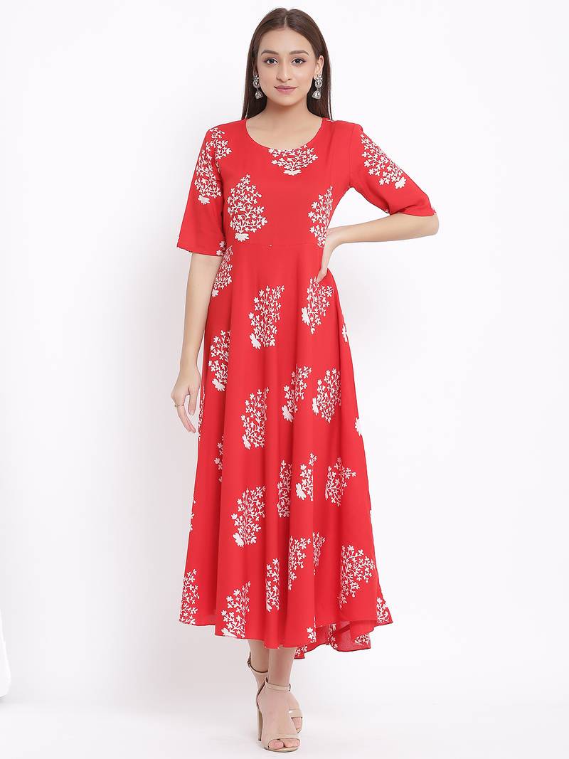 DAAVI Womens Rayon Floral Print Flared Long Gown (Red)
