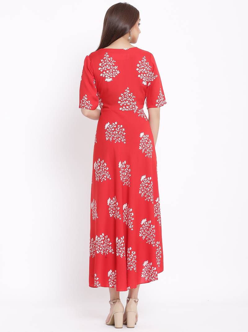 DAAVI Womens Rayon Floral Print Flared Long Gown (Red)