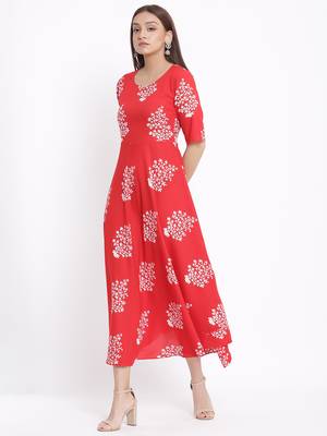 DAAVI Womens Rayon Floral Print Flared Long Gown (Red) 4