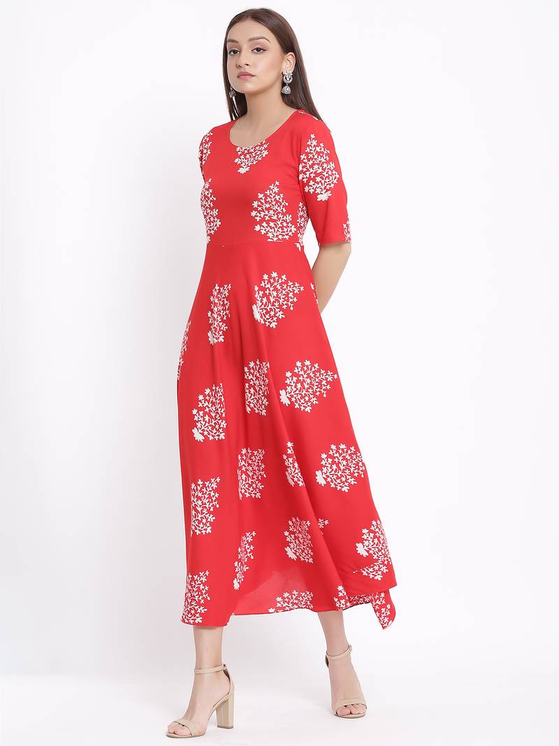 DAAVI Womens Rayon Floral Print Flared Long Gown (Red)