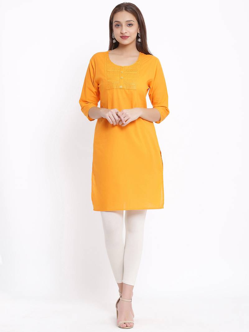 DAAVI Womens Cotton Embroidered Straight Kurta (Orange)