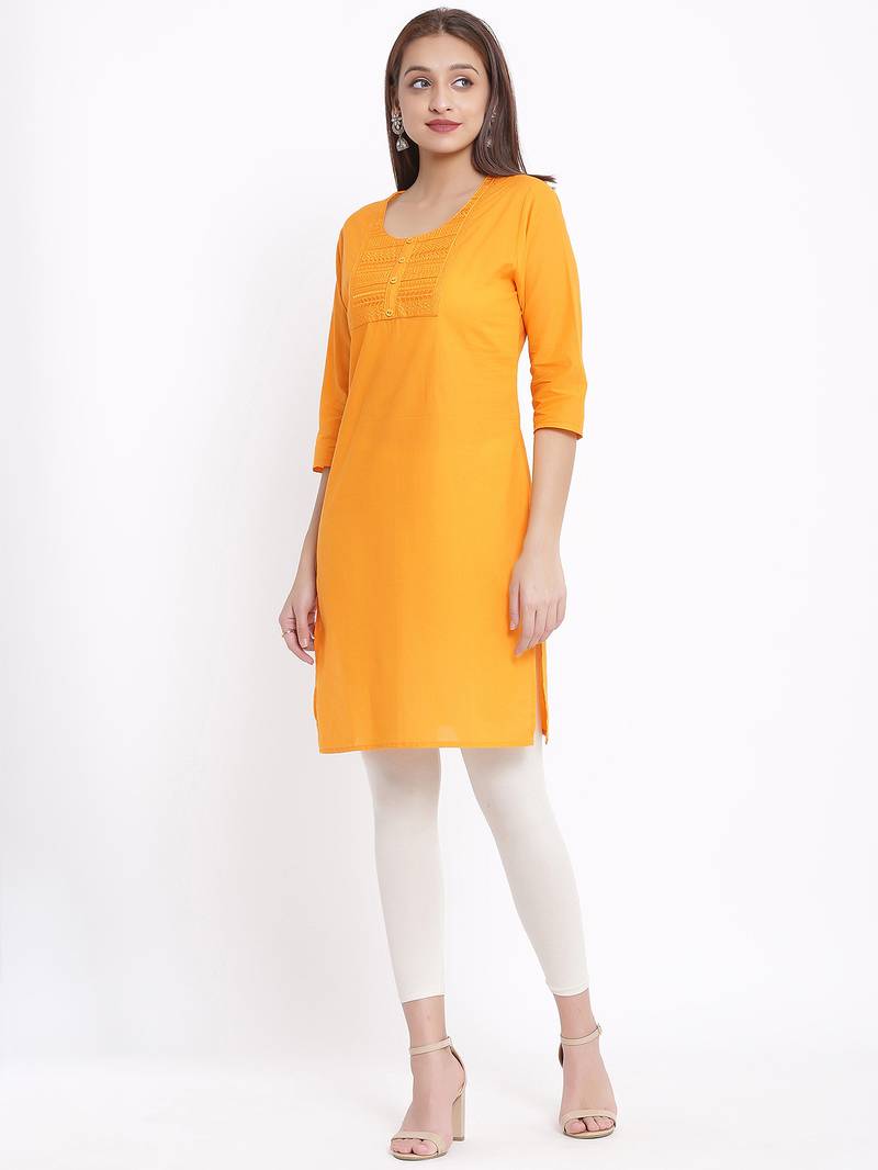 DAAVI Womens Cotton Embroidered Straight Kurta (Orange)