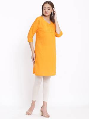 DAAVI Womens Cotton Embroidered Straight Kurta (Orange) 3