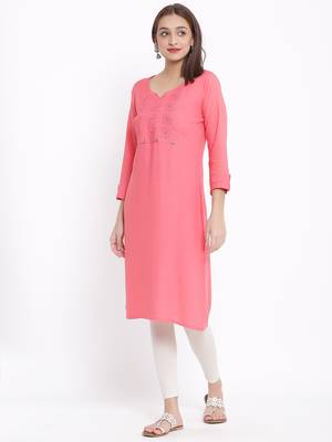 DAAVI Womens Rayon Embroidered Straight Kurta (Peach) 2