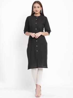 DAAVI Womens Cotton Solid Straight Kurta (Black) 1