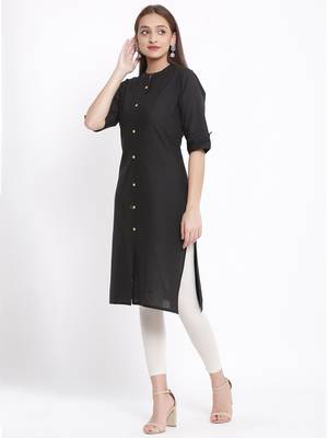 DAAVI Womens Cotton Solid Straight Kurta (Black) 2