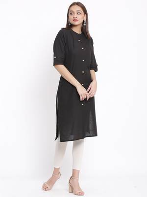 DAAVI Womens Cotton Solid Straight Kurta (Black) 3
