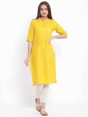 DAAVI Womens Cotton Solid Straight Kurta (Mustard) 1