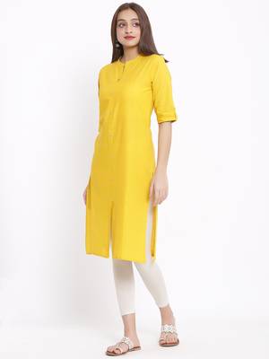 DAAVI Womens Cotton Solid Straight Kurta (Mustard) 2