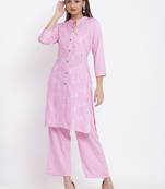 DAAVI Womens Rayon Embroidered and Printed Straight Kurta Pant Set (Pink)