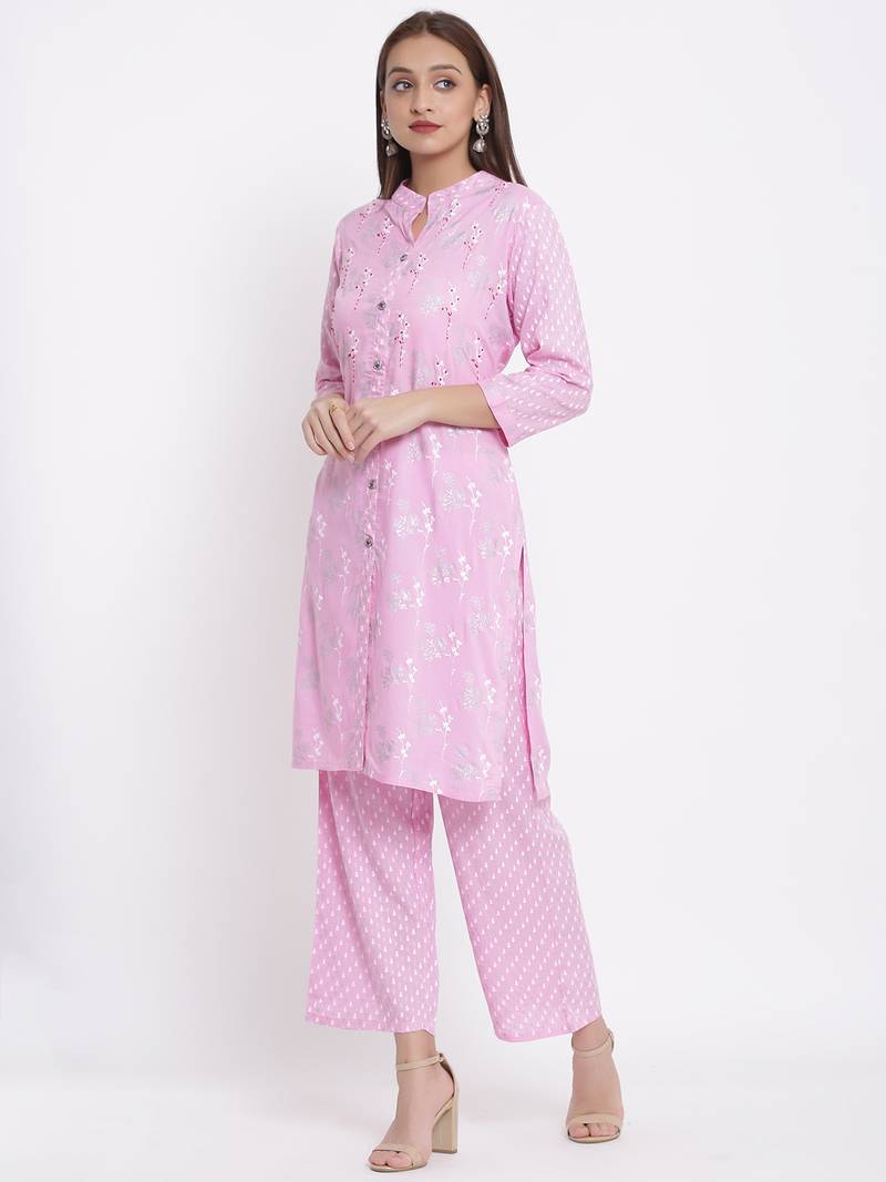 DAAVI Womens Rayon Embroidered and Printed Straight Kurta Pant Set (Pink)
