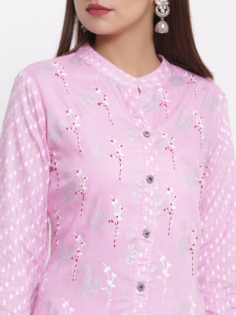 DAAVI Womens Rayon Embroidered and Printed Straight Kurta Pant Set (Pink)