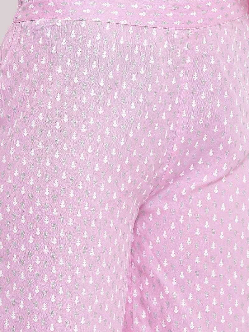 DAAVI Womens Rayon Embroidered and Printed Straight Kurta Pant Set (Pink)