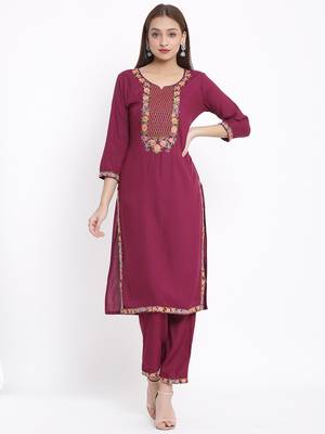 DAAVI Womens Rayon Embroidered Straight Kurta Pant Set (Wine) 1