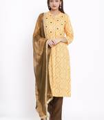 DAAVI Womens Rayon Printed Straight Kurta Palazzo Dupatta Set (Beige)