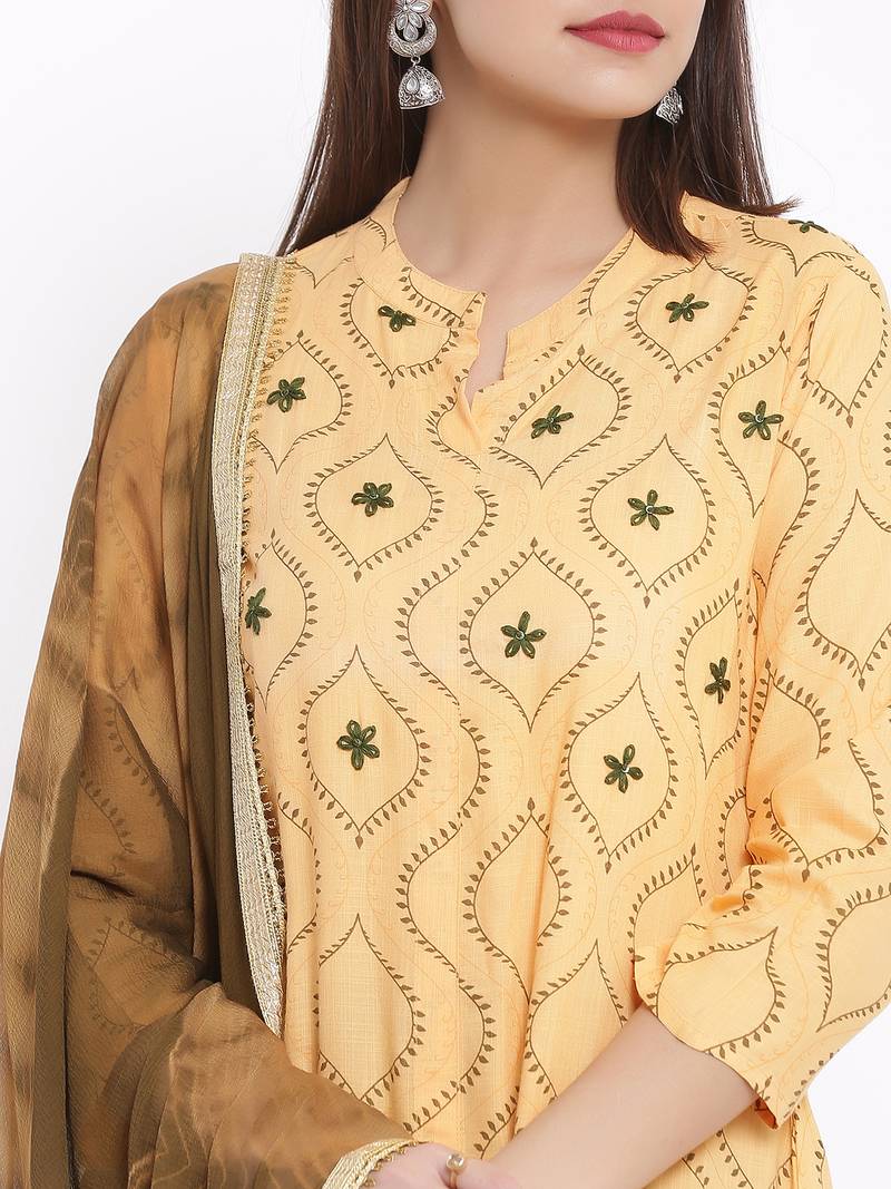 DAAVI Womens Rayon Printed Straight Kurta Palazzo Dupatta Set (Beige)