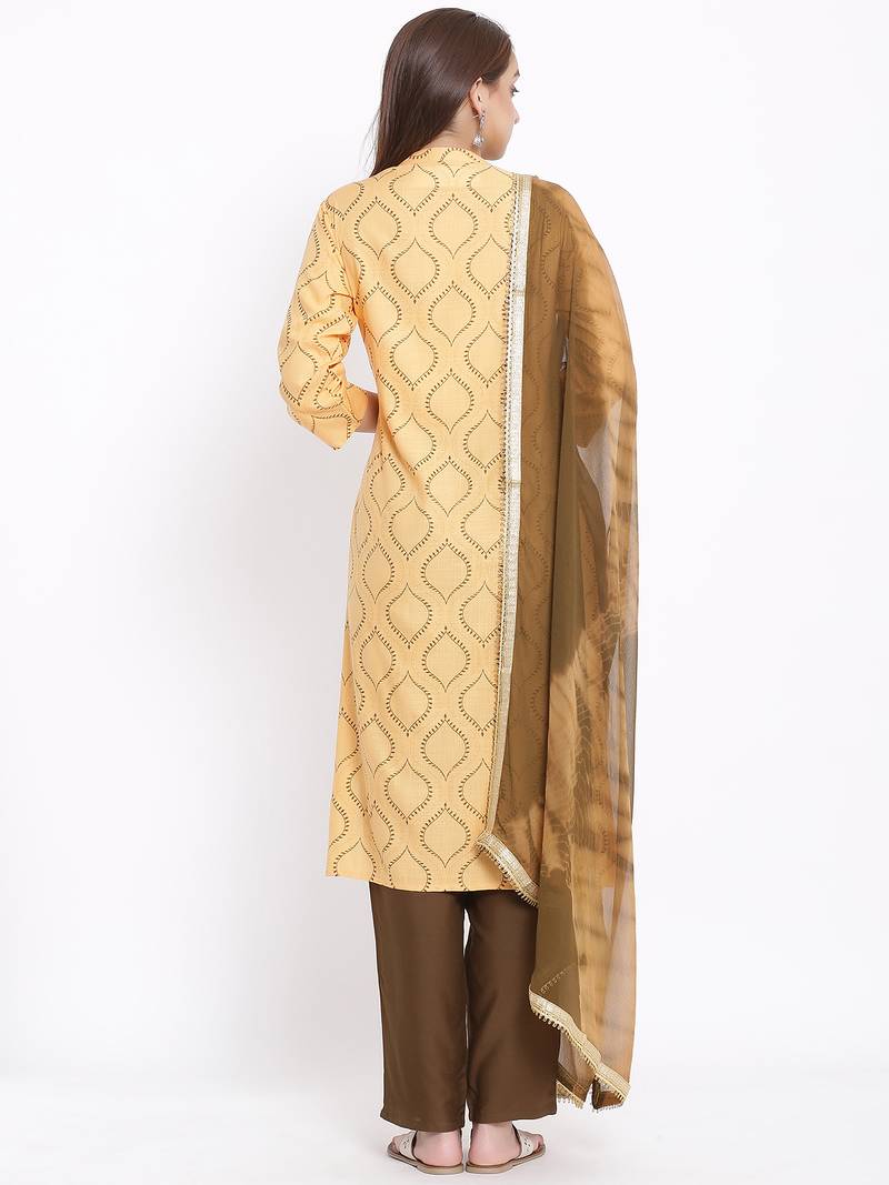 DAAVI Womens Rayon Printed Straight Kurta Palazzo Dupatta Set (Beige)
