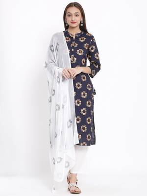 DAAVI Womens Rayon Printed Straight Kurta Palazzo Dupatta Set (Navy Blue) 1