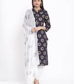 DAAVI Womens Rayon Printed Straight Kurta Palazzo Dupatta Set (Navy Blue)