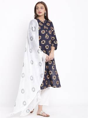 DAAVI Womens Rayon Printed Straight Kurta Palazzo Dupatta Set (Navy Blue) 2