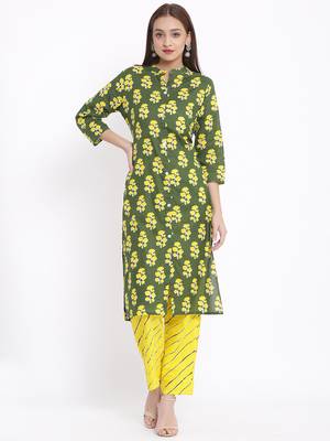 DAAVI Womens Cotton Cambric Printed Straight Kurta Palazzo Set (Green) 1