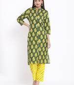 DAAVI Womens Cotton Cambric Printed Straight Kurta Palazzo Set (Green)