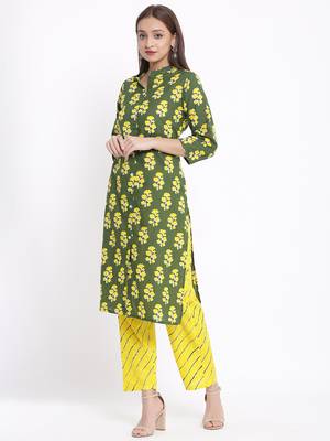 DAAVI Womens Cotton Cambric Printed Straight Kurta Palazzo Set (Green) 2