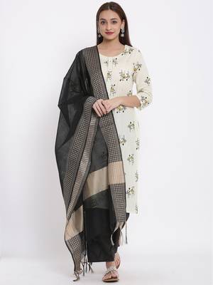 DAAVI Womens Cotton Printed Straight Kurta Palazzo Dupatta Set (Off White) 1